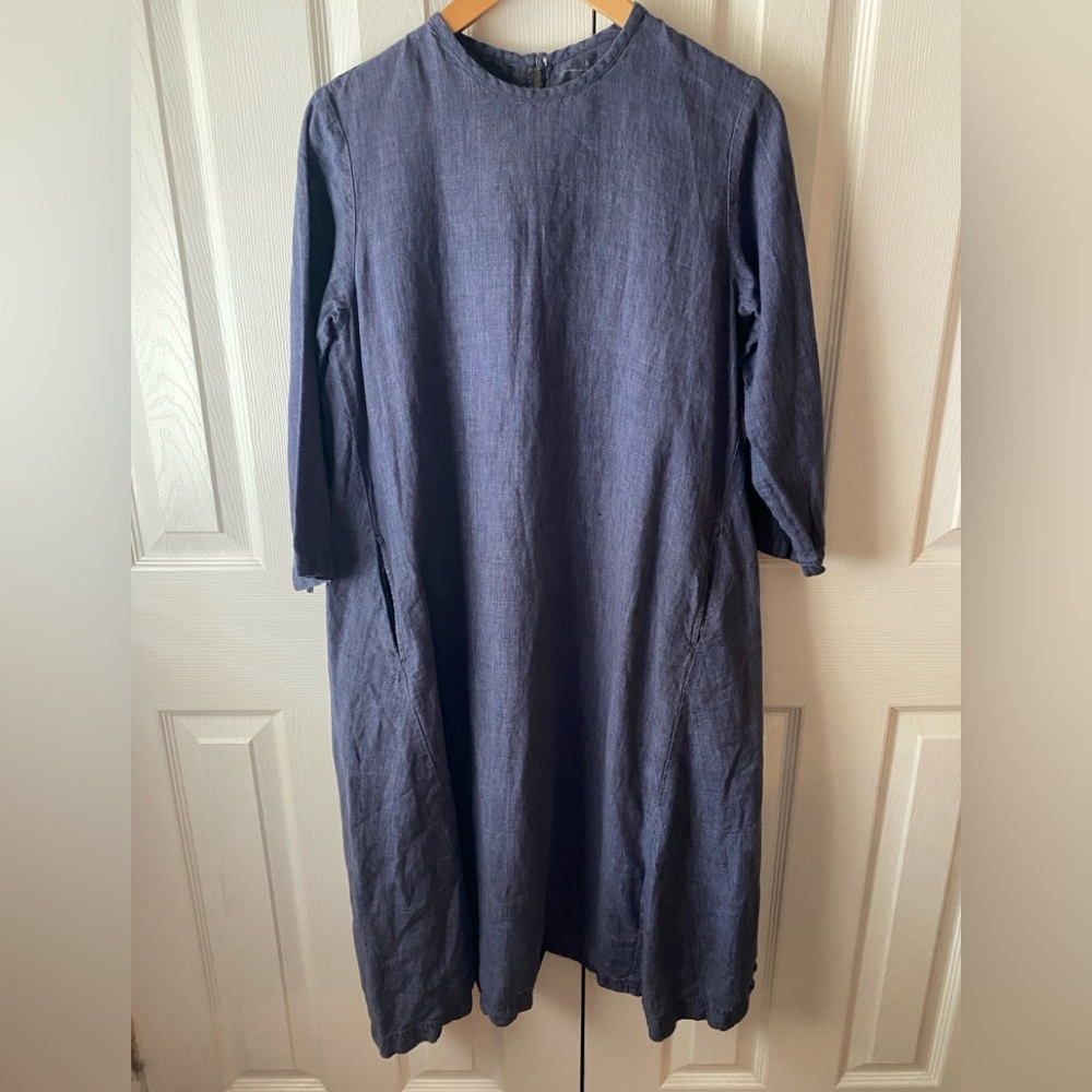 MUJI Dark Blue 100% Linen Oversized Long Sleeve Modest Lagenlook Shift Dress S